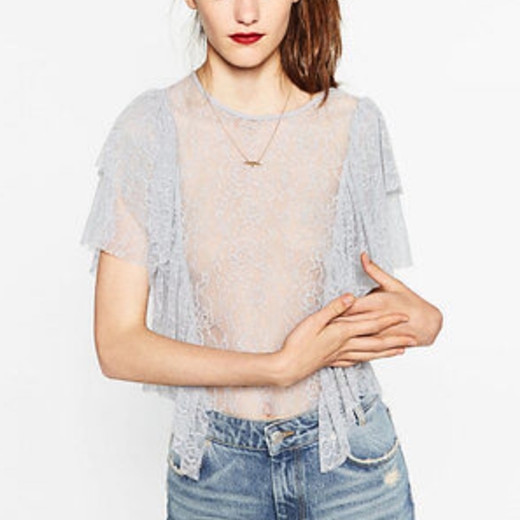 ZARA Blue Gray Ruffle Lace Cropped Top - Picture 1 of 10